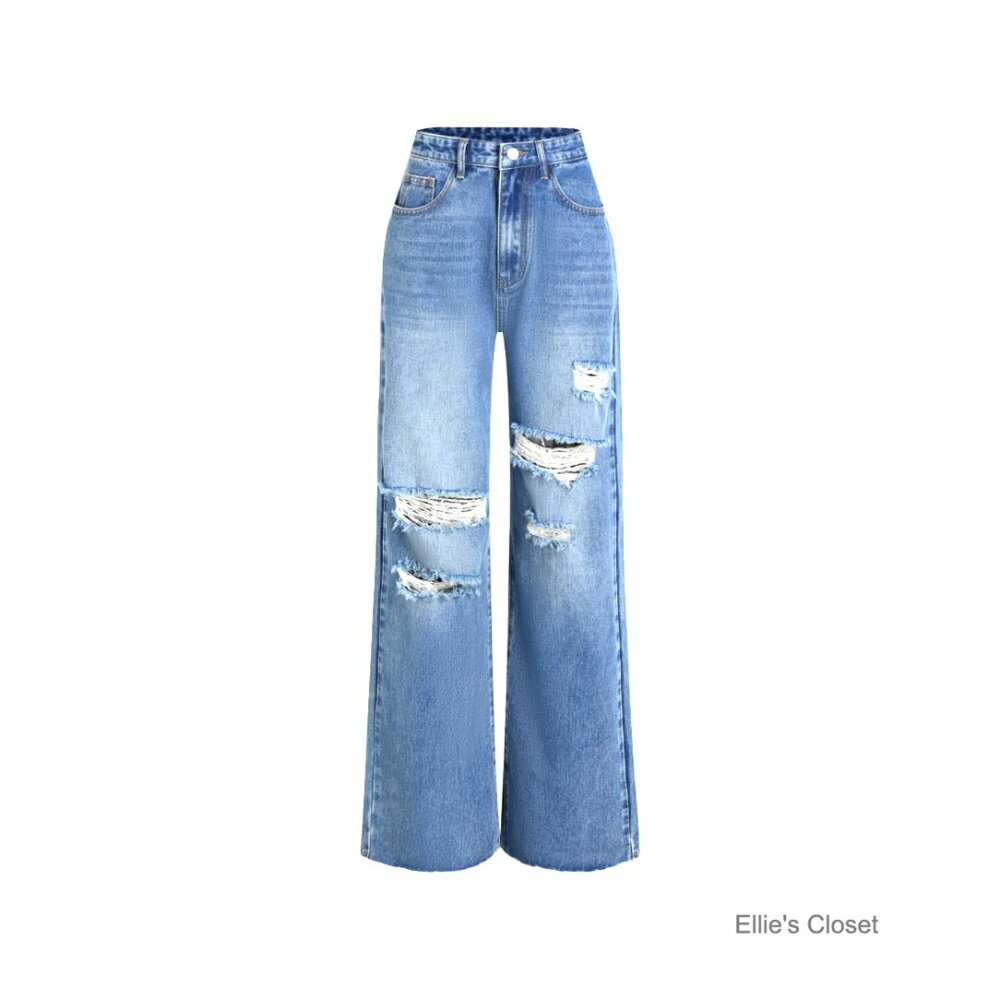 High Waisted Ripped Jeans Distressed Wide Leg Straight Pants Denim